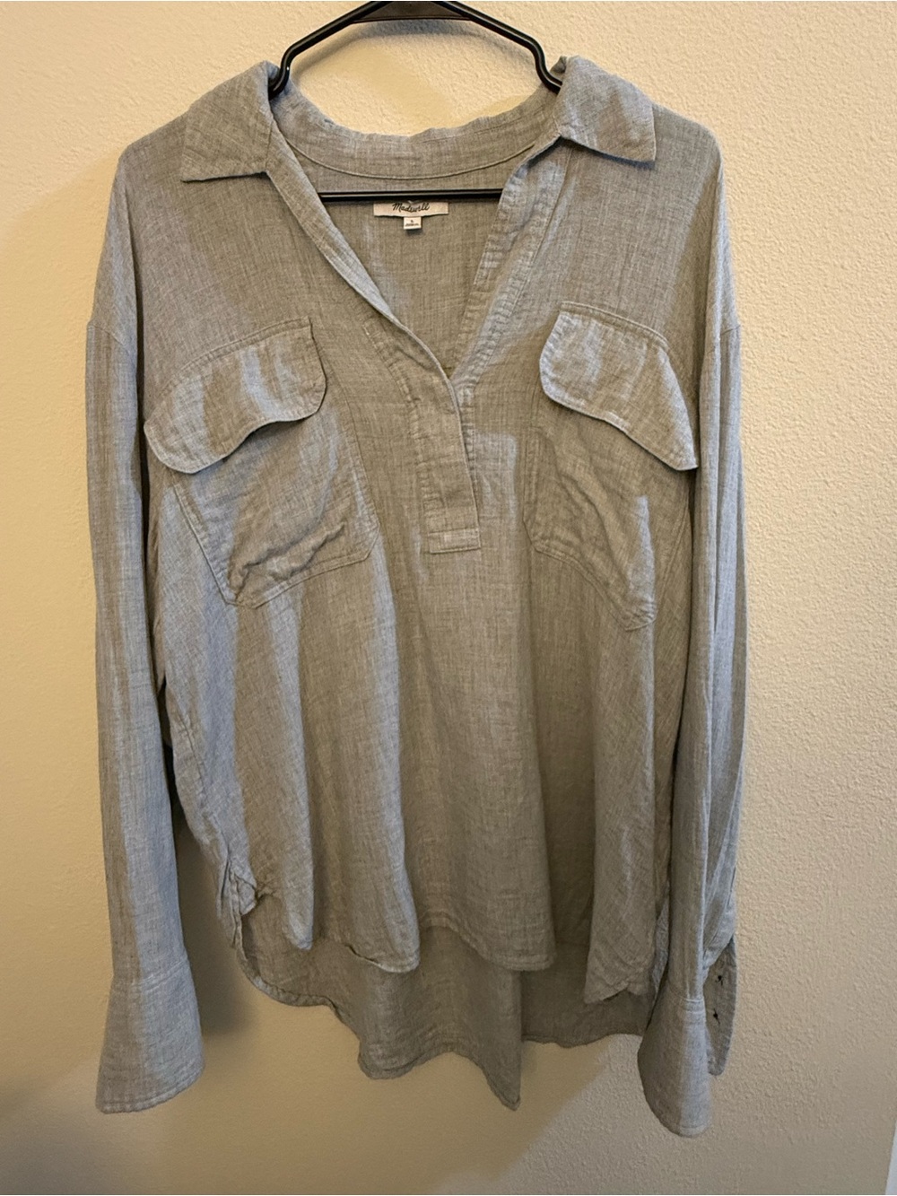 Madewell Light Gray Button-Down Split V-Neck Shirt